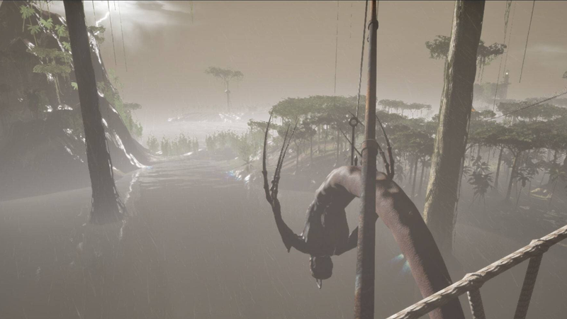Foggy jungle water with a hooked fish on the line in GONE Fishing