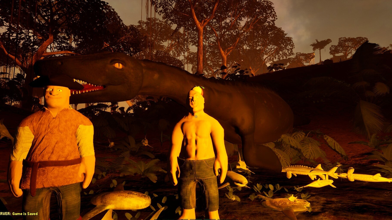 Two players standing beside a huge fish on the Jungle map in GONE Fishing